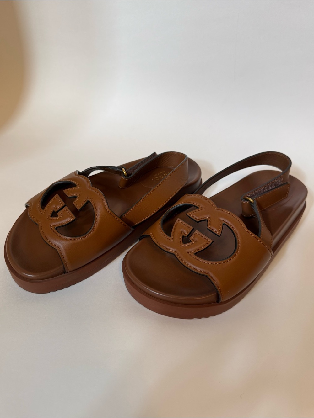 Gucci Interlocking GG Cosmos Brown Leather Slingback Sandals Size 38